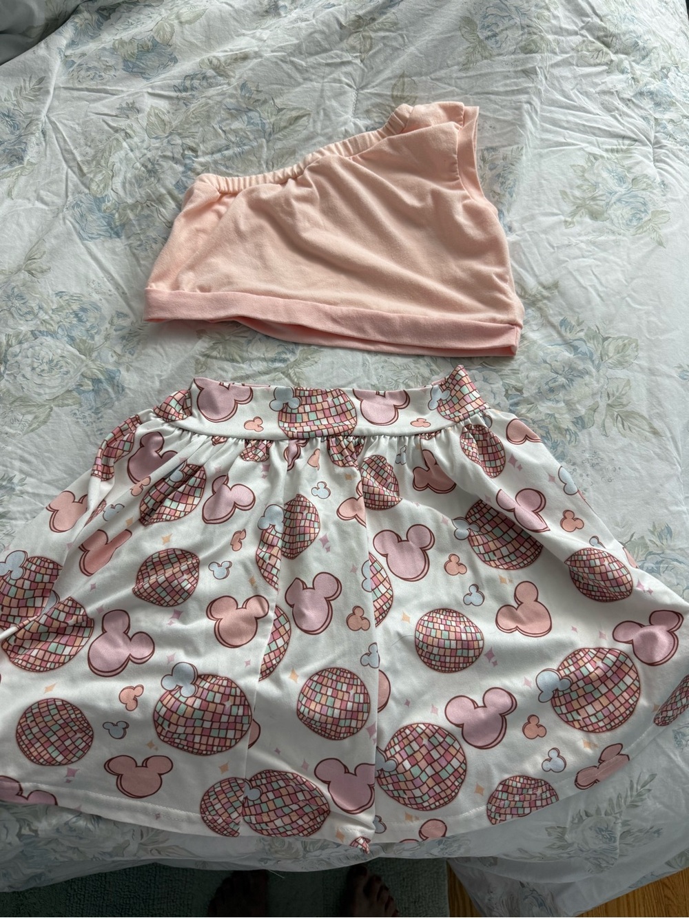 Pink Asymmetric Crop Top with Pink & White Mickey Print Skirt